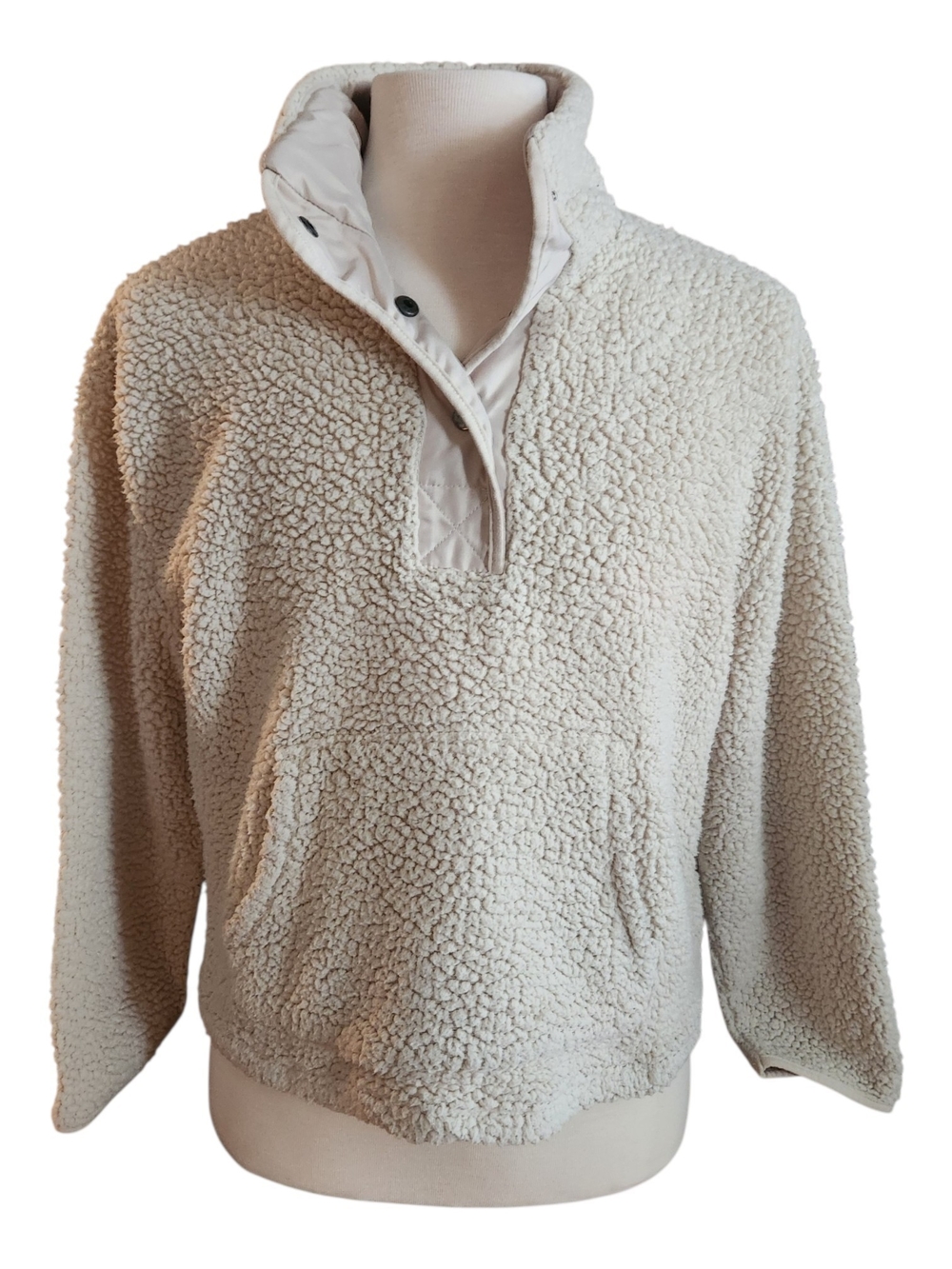 Wallflower XL  Cream Sherpa Pullover Sweater- Cropped W/ Pocket Snap Neck Fall